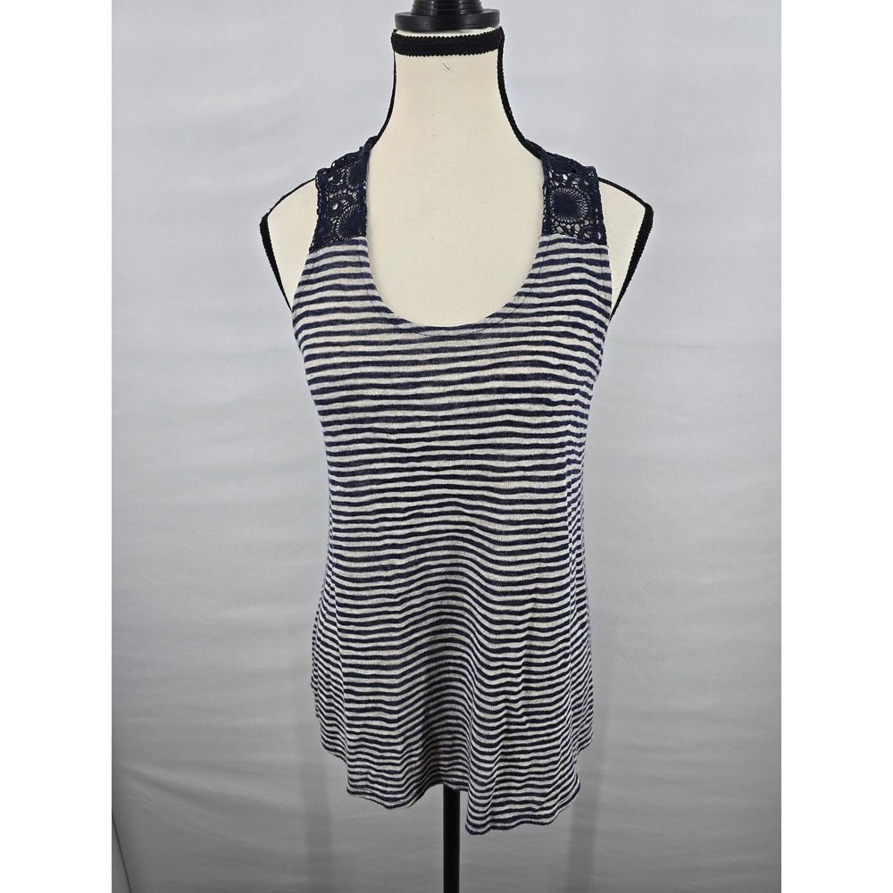 W5 Womens Navy Blue White Striped Lace Accent Knit Tank Top Size S Made in USA